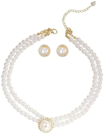 Wedding Suite Collar De Cuentas Choker, 2 Filas Choker Imitación Collar De Perlas, Rodio Chapado Elegante Encanto, Con 1 Par De Pendientes Perlas, para Fiesta Cumpleaños Aniversario Navidad Valentín