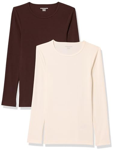 Amazon Essentials Haut à Encolure Ronde et Manches Longues, Coupe ajustée, en Maille côtelée (Existe en Grandes Tailles) Femme, Lot de 2, Coquille D’œuf/Marrón Espresso, L