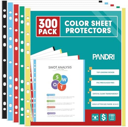 Sheet Protectors, PANDRI 300 Pack Color Heavy Duty Plastic Page Protectors Sheet Reinforced 11-Hole Fit for 3 Ring Binder Fits Standard 8.5 x 11 Paper, 9.25 x 11.25 Top Loaded, Excluding Acid