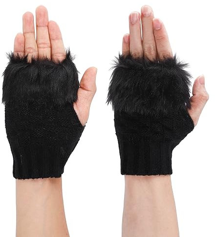 Damen Fingerlose Handschuhe mit Kunstpelz Winter Warm Armstulpen Fingerlos Fäustlinge Kurzer Gestrickte Handgelenk Handschuhe Wärmer Frauen Halbfinger Handschuhe für Hochzeits Geburtstag (Schwarz)