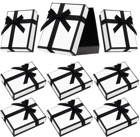 RYAN 9 Piezas Caja Pendientes Regalo con Arco Decorar Cajitas Regalo Pequeñas Joyero de Cartón con Almohadilla para Collar Pendientes Anillo Almacenamiento de Joyas (Blanco y Negro, 7 x 9 x 3 cm)