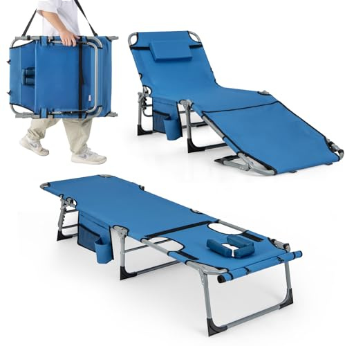 COSTWAY Bain de Soleil Pliable Inclinable à 5 Positions, Charge 150kg, Transat de Plage Pliable, Trou pour Visage, Appui-tête Amovible, Porte-gobelet et Poche, Chaise Longue pour Jardin Plage(Bleu)