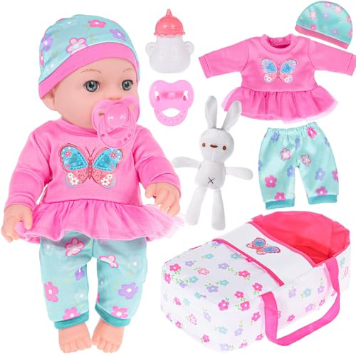 ebuddy 30cm / 12 inch Baby Doll with Clothes and Handheld Cradle include Nipple, Feeding Bottle, A Rabbit Toy for Age 3+ Years Old Kids Gift (Include Doll)