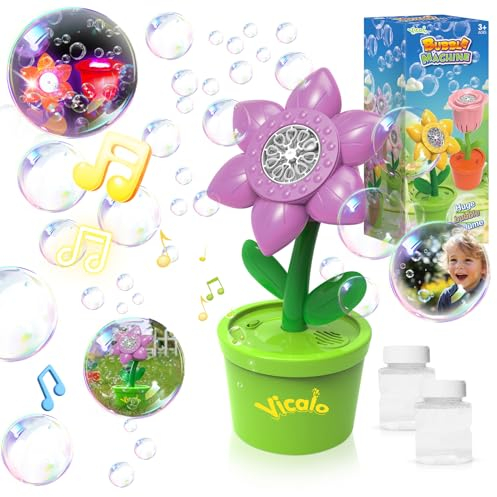 Vicalo Seifenblasenmaschine, Sonnenblume Seifenblasenmaschine Kinder, Seifenblasenmaschinen mit Lichtern und Musik, 2 Flaschen Seifenblasenflüssigkeit für Geburtstag/Hochzeit/Camping/Partys (Lila)