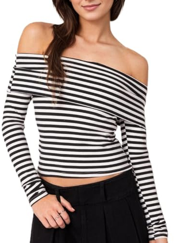 EMOTTOS Women's Slim Fit Crop Tops, Fashionable Ladies y2k Black and White Stripes Tops for Casual One-Shoulder Long Sleeve T-Shirt Basic Blouse Tee Tops, Black S