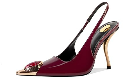 CAGLGLZ Escarpins à Talons Aiguilles à Bride arrière pour Femme - en Cuir Verni - avec Sangle élastique - Style Tendance - pour fête, Bordeaux, 38 EU