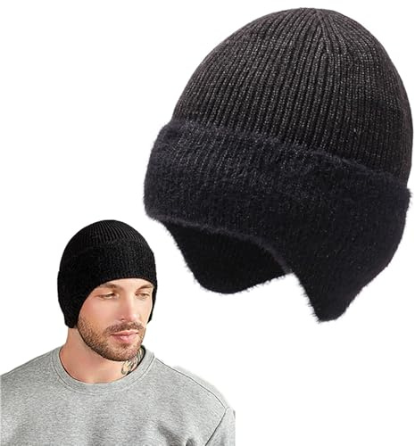 Dinghaole Stickad mössa för män med öronlappar, herrmössa hatt, unisex tjock varm stickad mössa med öronklaffar, unisex ullhatt, ullmössa hatt med termiskt tjockt fleecefoder, fleecefodrad hatt för