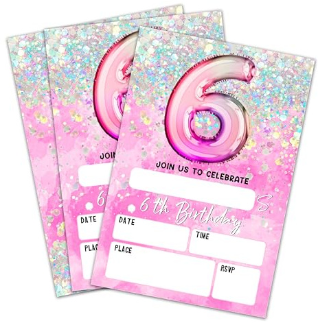 6Th Birthday Invitation Cards, Holographic Balloons Double-Sided Fill In Style Birthday Invites With Envelopes, Glitter Pink 6 Years Old Invitations For Girls, Teen, Party Favor & Supplies - A07