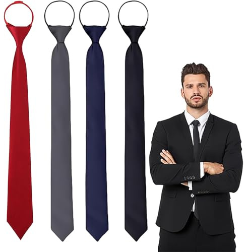 4 Stück Krawatten für Herren,Krawatte Schwarz Krawatte VorgebundenGebundene Krawatten mit Reißverschluss,Schwarze Krawatte Herren Grau Dunkelblau Rot, für Oder Festliche Veranstaltungen Krawatten Set