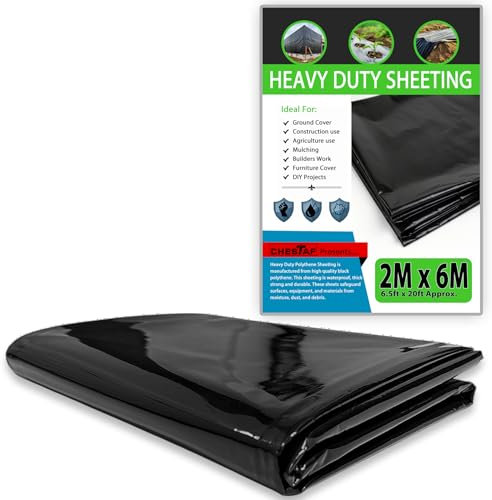 CHESTAF 2M X 6M Black Plastic Sheeting Heavy Duty, 1100G Thick Polythene Sheeting Garden Grow, Dust Sheet Waterproof Outdoor Cover, Large Construction Gardening Insulation, Building Rubble Protection