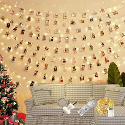 CNMTCCO Guirnalda de 5 m con 50 luces LED, funciona con pilas, clips de fotos con 30 pinzas, cadena de luces para colgar la ropa, decoración de pared para fiestas, salón, dormitorio, bodas, Navidad