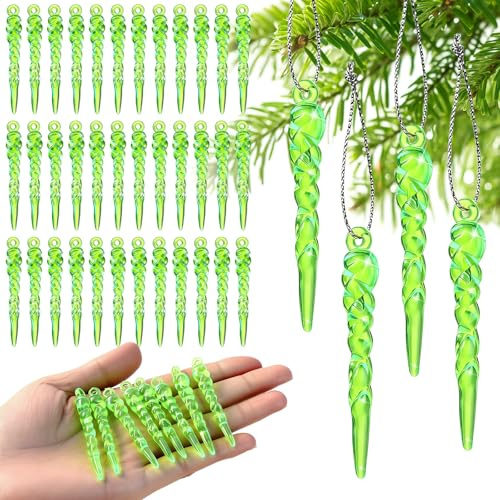 Vercraft 36 Pcs Christmas Tree Icicle Ornaments 2.36 Inches Mini Acrylic Icicle Hanging Decorations for Xmas New Year Winter Wedding Party (Green)