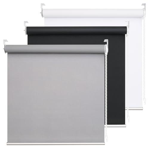 DHSVFCR 100% Blackout Roller Blind, UV Blocking Thermal Insulated Fabric, Child Safe, Easy to Install and Use, Fit Bathroom Kitchen Bedroom Home Office Window, Cord Control, Grey 45W x 185H cm