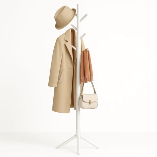 ZUNOVI Perchero de Pie de Madera Forrada | Estilo Árbol, Altura Ajustable, 8 Ganchos, Base Estable, Ideal para Entrada, Dormitorio u Oficina, Montaje sin Herramientas (Blanco)