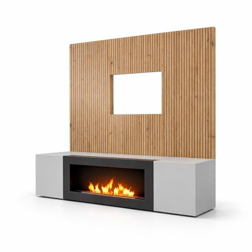 BRICOZONE Parete Attrezzata con Biocamino Mobile TV con Pannello Rovere Listellato e Struttura Grigia Design Moderno 2 Ante a Ribalta Sistema Push Click