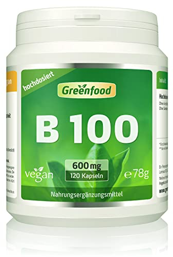 Vitamin B Komplex, extra hochdosiert, 600mg - 120 Kapseln, vegan. Alle B Vitamine (B1, B2, B3, B5, B6, B7, B9, B12) – hohe Bioverfügbarkeit. OHNE künstliche Zusätze - laborgeprüft. Von Greenfood.