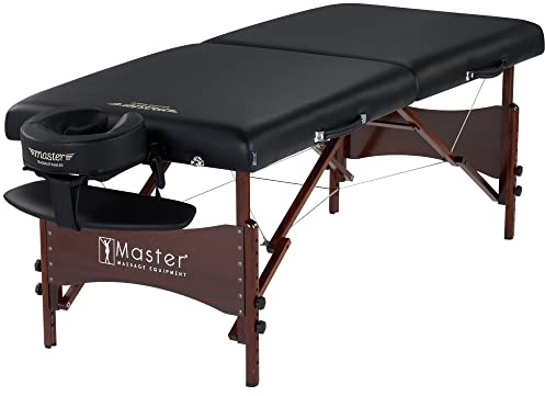 Master Massage Newport Portable Massage Table Package with Denser 2.5 Cushion, Walnut Stained Hardwood, Steel Support Cables, Pillows & Accessories, Black, 30
