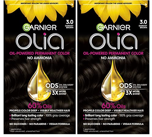 Garnier Olia Hair Color, Ammonia-Free Permanent Hair Dye, Oil-Powered Formula for 100% Gray Coverage and 3x Shinier Hair, Vegan & Cruelty Free, 3.0 Darkest Brown, 2 Count