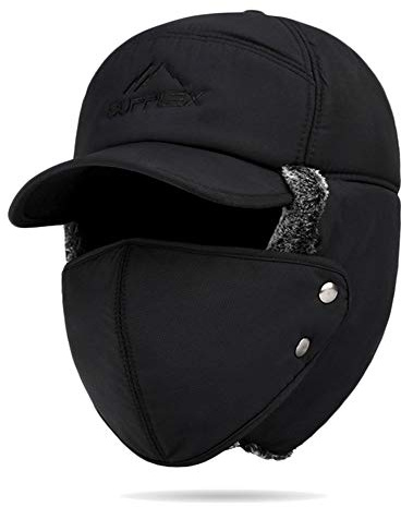 Homme Chapka Coton Hiver Chapeau de Trappeur Aviateur Épais Chaud Bonnet Russe et Cache-oreilles 2 en 1 Casquette Fausse Fourrure avec Cache-visage Détachable Bonnet Cagoule d'Alpinisme Ski Cyclisme