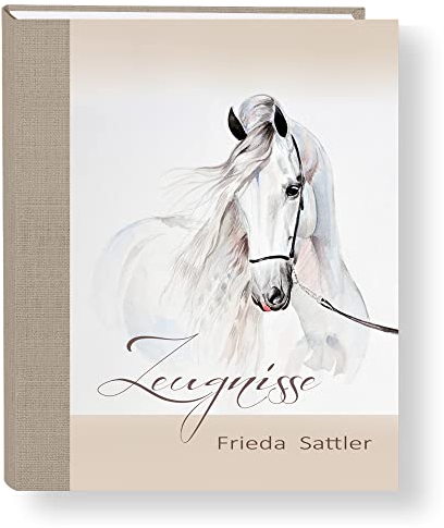 Zeugnismappe personalisiert White Horse A4 ca. 31x24 cm beige Zeugnisbuch Pferd Urkundenmappe Einschulung Schulanfang