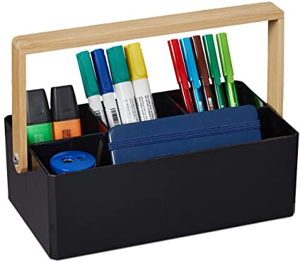 Relaxdays Organizer mit Griff, 4 Fächer, Bambus Henkel, schwarz