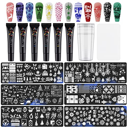 EBANKU Kit Estampado Uñas Navidad, 12 Piezas Esmalte Gel con 6 Plantillas, Estampador Silicona, Rascadores, Copos Nieve, Herramienta Manicura para Impresión Placa