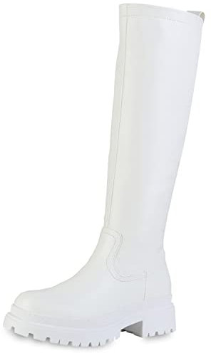 VAN HILL Damen Leicht Gefütterte Plateaustiefel Profilsohle Stiefel Plateau Vorne Schuhe Blockabsatz Freizeit Boots 208731 Weiss 39