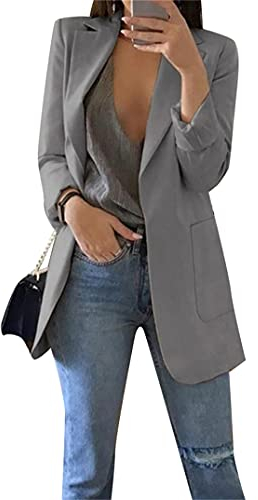 EFOFEI Damen Mode Anzug Mittellanger Dünner Anzug Schuljacke Für Den Herbst Sakko Cardigan Revers Geschäft Büro Grau M