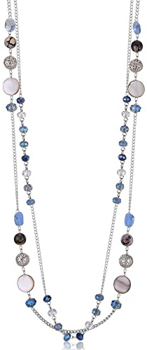 FULU AUTUMN Collar de Mujer con Perlas Largas en Plata de Capas Multiples, Collar de Conchas de Cristal Bohemio, Collar de Cadena, Jerséis de Bisutería, 88.9 cm (con estensione di 6.9 cm), Cristal