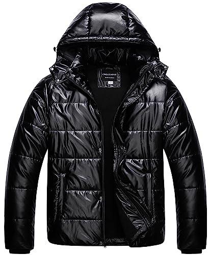 CREATMO US Mens Big and Tall Jacket for Men Men's Warm Parka Anorak Winter Coat with Detachable Hood Bubble Puffy Jackets Shiny Black 3X
