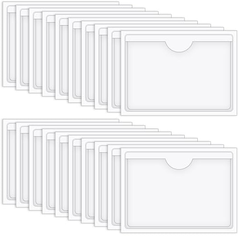 Vicloon Visitenkartentaschen Kleben, 20 Stück Visitenkartentaschen Selbstklebend Transparent, 5 * 7cm, Etikettenhalter Selbstklebend, Obere Öffnung, Büro Organisieren und Sortieren