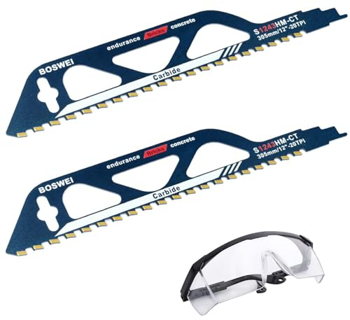 HAPPOW 2 Stück Säbelsägeblätter Stein, Säbelsägeblätter Hartmetall Stahl, Porenbetonsäge, Steinsäge mit 1 Arbeitsschutzbrille, zum Schneiden von Stein, Holz und Beton(S1243HM, 300mm)