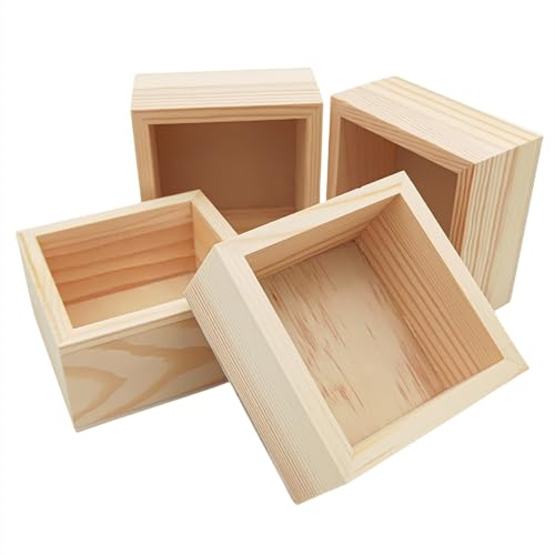 Anktily 4 Pack Unfinished Wooden Craft Storage Organiser Boxes, 8x8x4cm Small Square Wood Box, Rustic Natural Wood Container Box for Home Venue Decor