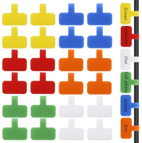 24 Stück Kabeletiketten 6 Farben Selbstklebend Kabeletikett Wiederverwendbar Kabel Etiketten Schreibbar Kabelbeschriftung für Kabelmanagement und Kabelidentifizierung