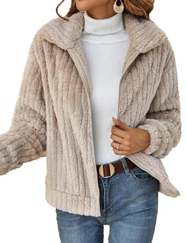 HUXRAKV Manteaux Femme Hiver Veste Courte d'automne en Peluche Blousons avec Poches Zippée Manteau Polaire à Revers,WD20-Amande,XL