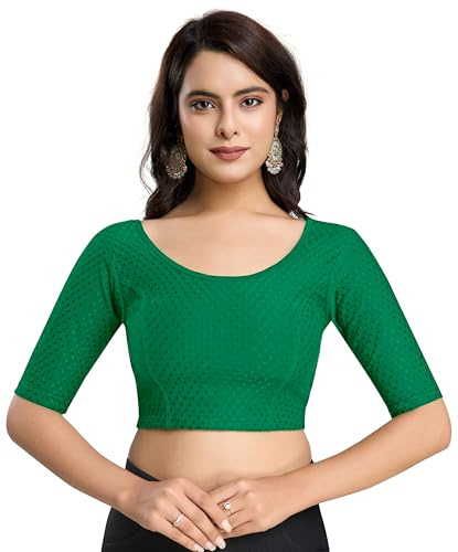 TRENDMALLS Women's Dobby Pure Cotton Elastin Stretchable Readymade Blouse (B01-Green-L)