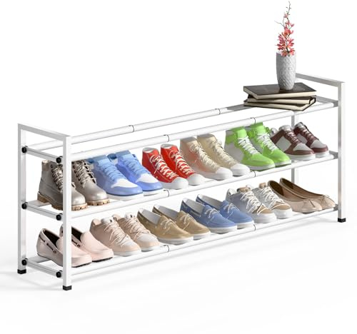 Bumusty 3 Tier Long Expandable Shoe Rack for Closet, White