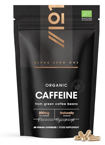 Organic Caffeine 200mg – from Green Cofeee Beans - Increased Alertness - 60 Vegan Capsules (Not Tablets) - 2 Months Supply - Resealable and Recyclable Pouch by Alpha01