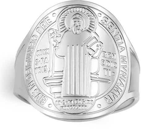 TEAMER Bague Saint Benoît Redimensionnable Bague Religieuse Saint Benoît en Acier Inoxydable Bijou Amulette de Protection Contre le Mal de la foi Chrétienne Catholique pour Femme (Argent)