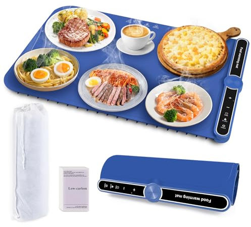 HouseUp Food Warming Mat, 9 Temperature Settings and 6 Timers hot Plates for Keeping Food Warm, Full Surface Heating PortableSilicone Heating Mat for Food, Blue