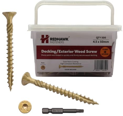 Box of 500 Redhawk Fasteners® Decking Screw | 4.5 x 50mm | Corrosion Resistant Gold Nano Coating | T-20 Torx Drive | Driver Bit Included | Durable Plastic Tub