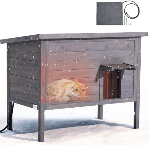 VEVOR Heated Outdoor Cat House, Insulated Wooden Cat House for Cats, Waterproof Feral Kitty Shelter with Heating Pad, PVC Flap Door & Openable Asphalt Roof for 1-3 Cats in Winter, 34 x 21 x 27 in