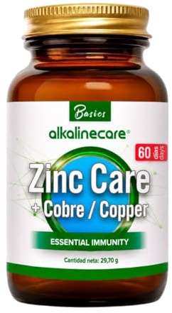 Alkaline Care Zinc Care + Cobre 60 Cápsulas – Suplemento para Sistema Inmune, Piel, Cabello y Uñas – Alta Absorción y Máxima Biodisponibilidad – Suave con el Estómago