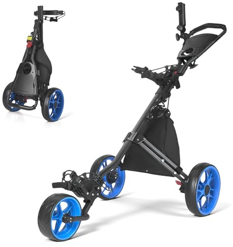 JoyCushy 3 Wheel Folding Golf Trolley | Complete All-Accessory Kit incl. Insulated Cooler Bag, Scorecard Holder & More | Built-in Foot Brake & Adjustable Handle for Stable Course Performance (Blue)