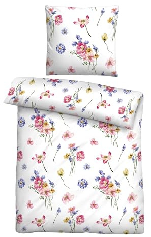 biberna Seersucker Bettwäsche 135x200 cm, 2-teilig mit Kissenbezug 80x80 cm, 100% Baumwolle, kühlend, bügelfrei & atmungsaktiv, Reißverschluss, Sommerbettwäsche, Blumen Floral, Pink, Modell 0026319