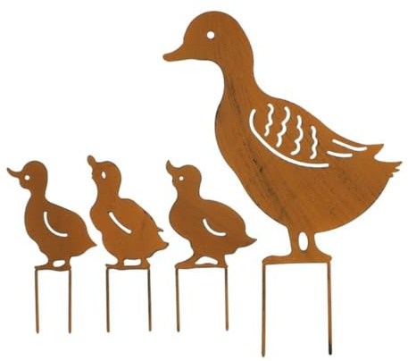 Temeemeg Ornamenti per paletti da Giardino in Ferro, Anatre Carine, Plug-in per la Famiglia, Decorazione per Prato, Animali per Serra da Interni ed Esterni, 4 Pezzi.