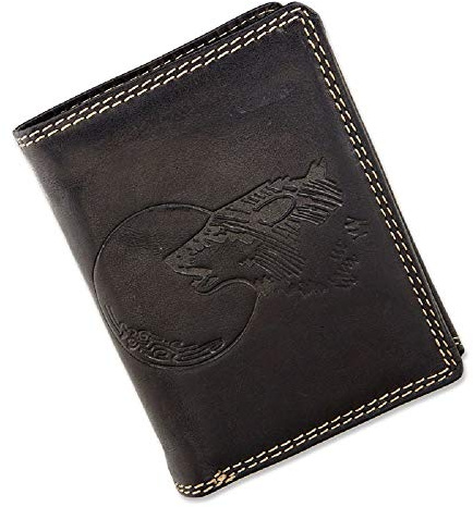 Herren Geldbörse Portmonee Portemonnaie Geldbeutel Echtes Leder Wolf vor Dem Mond Schwarz Black