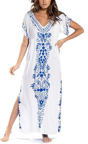 Busbseach Caftan Dresses for Women Embroidery Short Sleeve Beach Cover Up V Neck Maxi Kaftan Dress