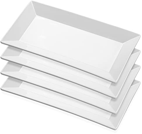 Yedio Porcelain Rectangular Dinner Platters, 9.75 Inch Rectangle Serving Plates for Sushi, Snacks, Cake, Meat & Appetizers, Set of 4, Elegant White Design