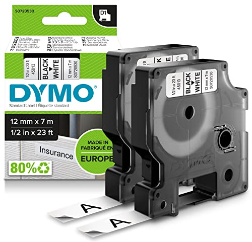 DYMO Original D1-Etikettenband | schwarz auf weiß | 12 mm x 7 m | selbstklebendes Schriftband| für LabelManager-Beschriftungsgerät | 2 Etikettenkassetten